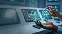 Businessman hands manipulating holographic digital interface with glowing gears and data visualization in modern tech workspace for innovation concepts.
