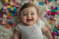 Laughing Caucasian baby lying on white fluffy rug surrounded by colorful wooden blocks and toys. Close up portrait showing pure joy and happiness.