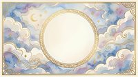 Watercolor celestial background with golden round frame, pastel clouds, crescent moon, and stars, perfect for cards, invitations, and posters.