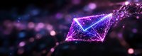 Abstract digital network visualization with glowing purple and blue geometric shapes connected by light trails against dark background with bokeh effect.
