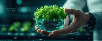 Male hand holding glass bowl with fresh green lettuce against futuristic digital interface background, concept of modern agriculture and sustainable food technology.