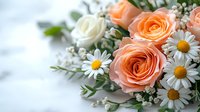 Fresh peach roses and white daisies bouquet with baby's breath flowers and green leaves on light background, romantic floral arrangement for wedding.