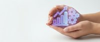 Hand holding glowing purple neon icon with bar chart and gear symbols, representing business growth, data analytics, and technology solutions for corporate strategy.