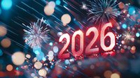 Glowing red 2026 numbers with festive fireworks display and blurred bokeh lights creating magical holiday atmosphere against dark night sky background.