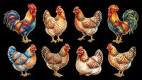 Colorful roosters and hens clipart set, isolated on transparent background, ready for T-shirts, stickers, print on demand, and sublimation design use.