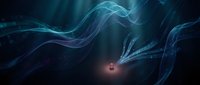Glowing particle streams flow through dark space with luminous energy waves and light rays creating an abstract digital background for technology and science concepts.