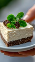Creamy cheesecake slice with chocolate crust garnished with fresh blackberries and mint leaves on white plate, close-up view showing rich texture and layers.