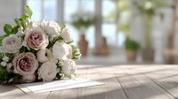 Elegant bouquet of pink and white roses with greenery on wooden table in bright interior with natural light streaming through windows.