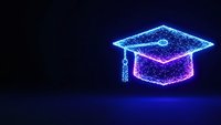 Glowing blue graduation cap made of connected dots and lines on dark background representing education technology and digital learning achievement.