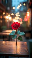 Single red rose on wooden surface with soft bokeh lights in background creating romantic evening atmosphere. Perfect for Valentine's Day or anniversary designs.