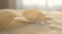 Broken eggshell halves with scattered fragments on sandy surface, soft natural lighting, suitable for food, cooking, and culinary design projects.