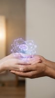 Hands holding glowing atomic structure hologram with purple neon light effects representing science technology innovation and futuristic digital concepts.