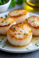 Pan-seared sea scallops garnished with fresh herbs and black pepper on white plate, served with olive oil and parsley, close up view of gourmet seafood.