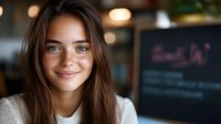 Young woman with bright smile and long brown hair wearing cream sweater against blurred cafe interior with bokeh lights and chalkboard in background.