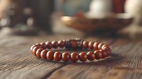 Brown wooden beaded bracelet on rustic table with soft natural lighting and shallow depth of field creating peaceful zen atmosphere for wellness design.