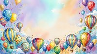 Colorful hot air balloons floating in dreamy pastel sky with confetti, perfect for celebrations, invitations, and festive event designs.
