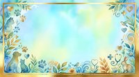 Watercolor frame with sitting dog silhouette, botanical leaves, hearts and paw prints in blue and gold tones, isolated on white background for greeting cards, invitations and pet-related designs.