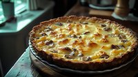 Homemade mushroom quiche with golden cheese crust on rustic wooden table, perfect for brunch gatherings or family dinner.