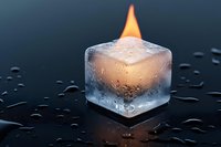 Burning ice cube with orange flame on dark reflective surface with water drops, dramatic lighting creates mysterious atmosphere and contrast between fire and ice.