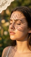 Woman with closed eyes enjoying sunlight with leaf shadow patterns on face, outdoor skincare and wellness concept.