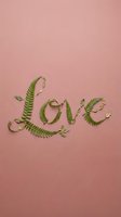 Word Love made of green fern leaves and small foliage on a pink background, flat lay nature lettering for valentines and wedding.