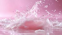 Dynamic water splash with droplets frozen in motion against pink background, creating abstract liquid art formation with crystalline details and soft romantic atmosphere.