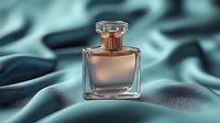 Elegant glass perfume bottle with rose gold liquid on luxurious teal silk fabric background with soft folds and reflective surface. Perfect for beauty and cosmetic advertising.