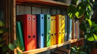 Colorful ring binders arranged in rainbow order on wooden shelf with green plant leaves, creating organized home office or study atmosphere in natural lighting.