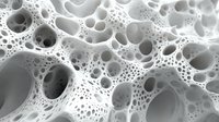 Microscopic view of porous material structure with multiple spherical cavities and interconnected holes creating abstract monochrome pattern for scientific background.