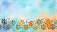 Watercolor paw prints in blue, orange and yellow tones with floral elements on gradient background. Suitable for pet-related designs, greeting cards and animal-themed projects.