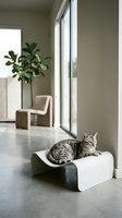 Tabby cat resting on a modern curved pet bed in a bright minimalist living room with large windows and neutral tones.