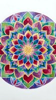 Vibrant watercolor mandala with symmetrical petals in jewel tones of purple, blue, red, green, and gold. Isolated on white background, ready for design projects.