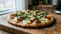 Freshly baked pizza with melted cheese and fresh herbs on wooden board, ready for serving and dining at home or restaurant.