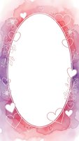Romantic watercolor frame with hearts and floral elements in pink and purple tones, oval white space for text or photos ready for wedding invitations.