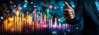Business professional showing thumbs up against colorful digital graph bars with glowing bokeh lights on dark background, panoramic financial growth concept.