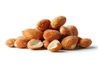 Fresh whole and halved almonds scattered on white background, showing natural brown skin texture and creamy interior. Isolated nuts for healthy eating concept.