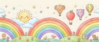 Cute cartoon landscape with rainbows, sun, clouds, hot air balloons and strawberry on pastel background for children design and nursery decor.