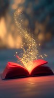 Open red book with magical golden light and sparkles rising from pages against dark background, creating mystical atmosphere for fantasy and education concepts.