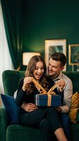 Happy couple opening gift box together on green velvet sofa in elegant living room during celebration or holiday surprise moment.
