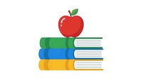Red apple resting on stacked colorful books in green, blue, and yellow. Educational icon suitable for school, learning, teaching, and literacy design projects.