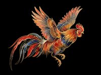 Colorful rooster with vibrant orange, red, and blue plumage isolated on transparent background. Ready for t-shirt designs, clipart, stickers, and print-on-demand products.