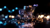 Shopping cart filled with stacked coins on reflective surface against blurred bokeh lights background, representing online shopping and e-commerce concept.