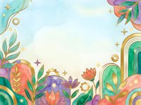 Colorful watercolor floral background with gold accents, geometric arches, gears, and tropical leaves on a soft pastel sky canvas.