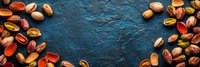 Colorful pistachios scattered on dark blue textured background creating frame border composition, top view panoramic food photography for menu design.
