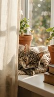 Tabby cat resting on a knit blanket by a sunny window with potted plants and books, cozy home interior scene.