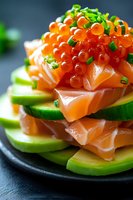 Fresh salmon sashimi layered with avocado slices, topped with bright orange caviar and chopped chives on black slate plate, macro food photography.