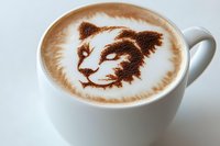 Artistic cat face latte art in cappuccino foam creates detailed feline portrait with brown coffee design against white ceramic cup on light background.