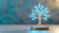 Glowing tree hologram on modern platform with blue leaves symbolizing growth, innovation and sustainability for business presentations and eco-friendly concepts.