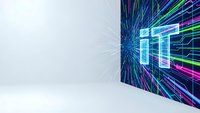 Digital technology burst with neon light trails and geometric patterns on white background for modern tech presentations and futuristic design concepts.
