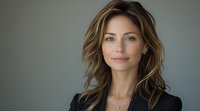 Confident businesswoman with highlighted brown hair wearing black blazer against neutral background, natural makeup and subtle smile portrays professional success.